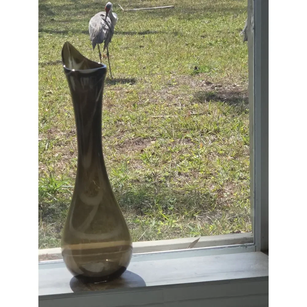 Vintage MCM 18” Swung Glass Vase Smoky Olive Brown Pulled Rim Heavy Base